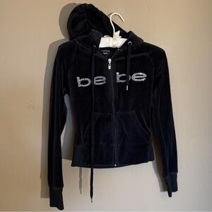 Bebe Black Velour Zip-Up Jacket with High Collar